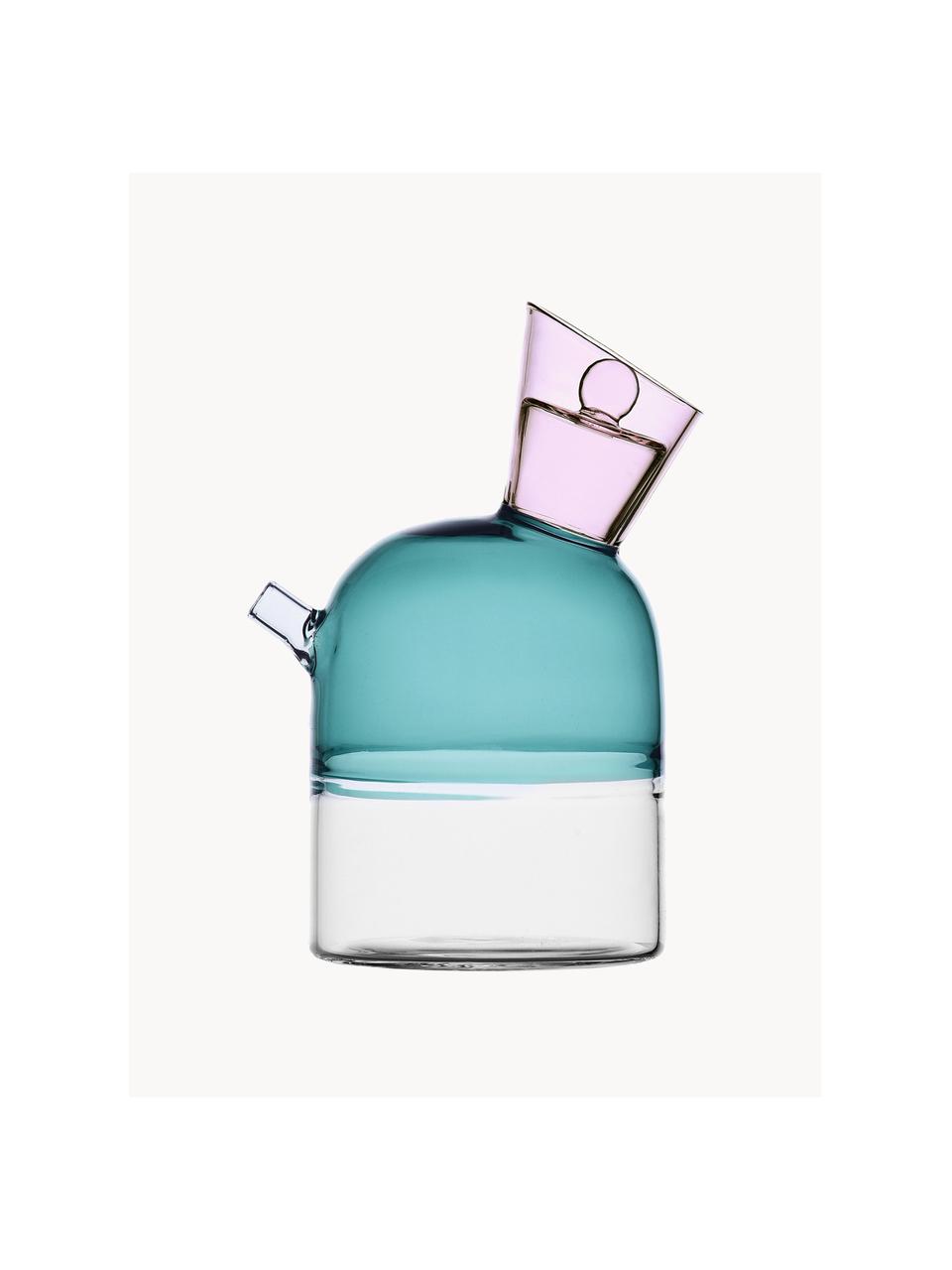 Handgefertigte Essig- & Ölflasche Travasi, Borosilikatglas, Hellblau, Hellrosa, Transparent, Ø 8 x H 16 cm