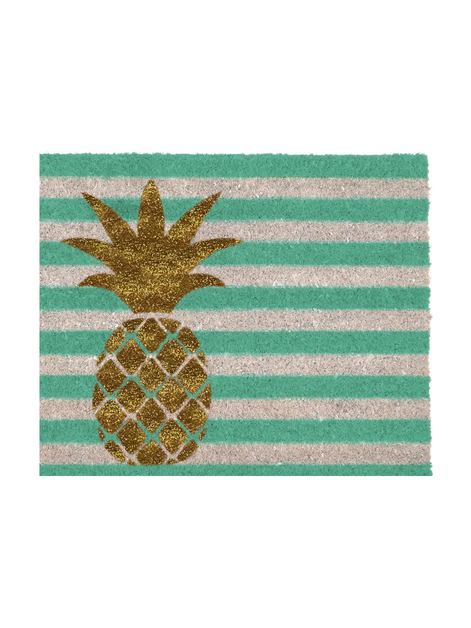 Deurmat Twinkling Pineapple, Bovenzijde: kokosvezels, Onderzijde: vinyl, Wit, mintgroen, goudkleurig, L 75 x B 45 cm