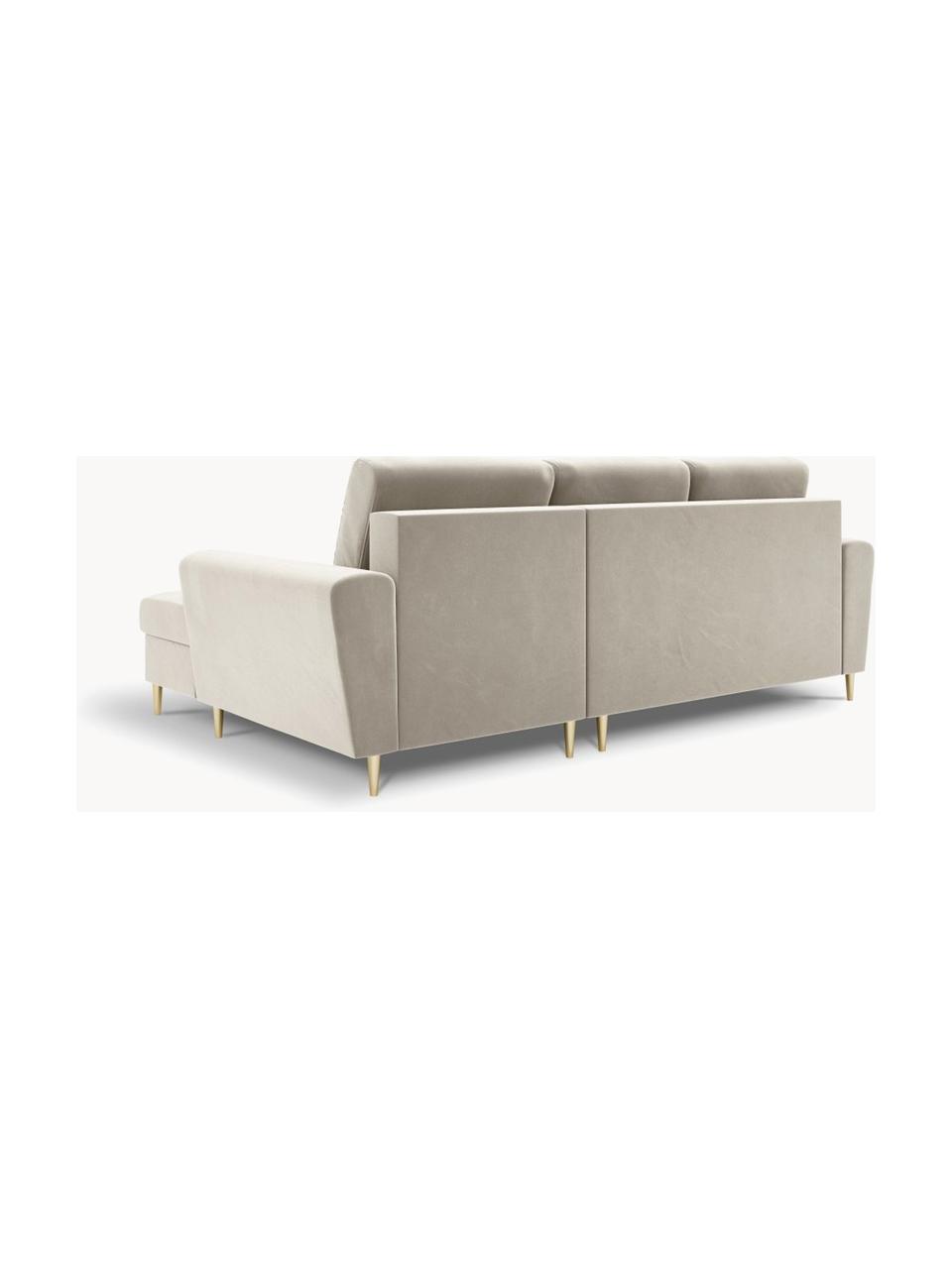 Divano letto angolare 3 posti in velluto con contenitore Moghan, Rivestimento: 100% velluto di poliester, Struttura: legno di pino massiccio, , Piedini: metallo rivestito, Velluto beige chiaro, Larg. 241 x Prof. 145 cm, chaise-longue a destra