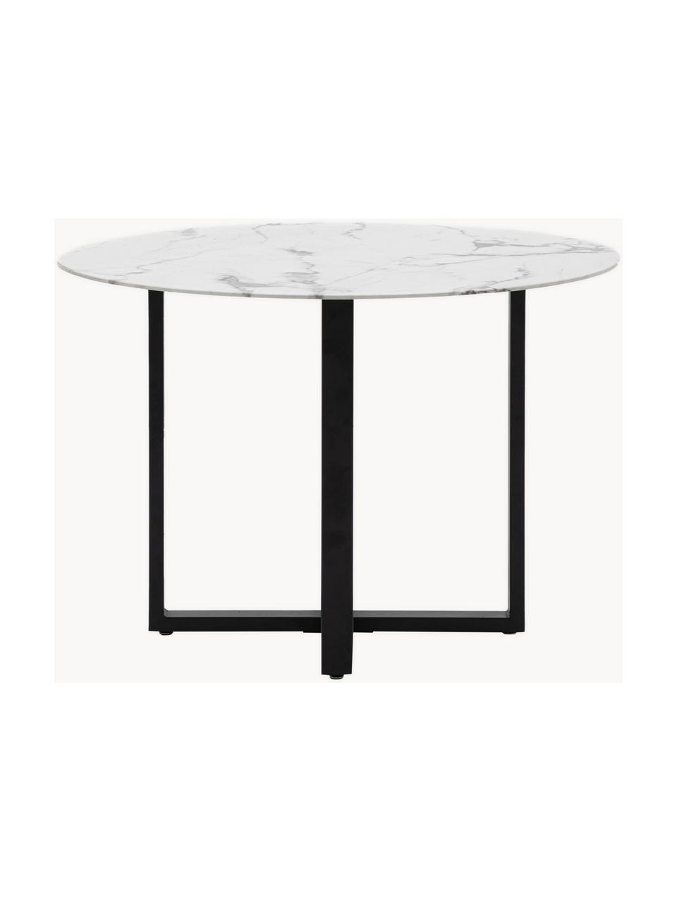 Mesa de comedor redonda Connolly, tablero de vidrio en aspecto mármol, Ø 110 cm, Tablero: vidrio tintado negro, Patas: metal recubierto, Aspecto mármol blanco, negro, Ø 110 cm