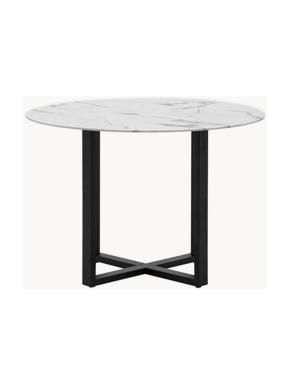 Ronde eettafel Connolly met glazen tafelblad in marmerlook,  Ø 110 cm, Tafelblad: glas, Poten: gecoat metaal, Marmerlook wit, zwart, Ø 110 cm