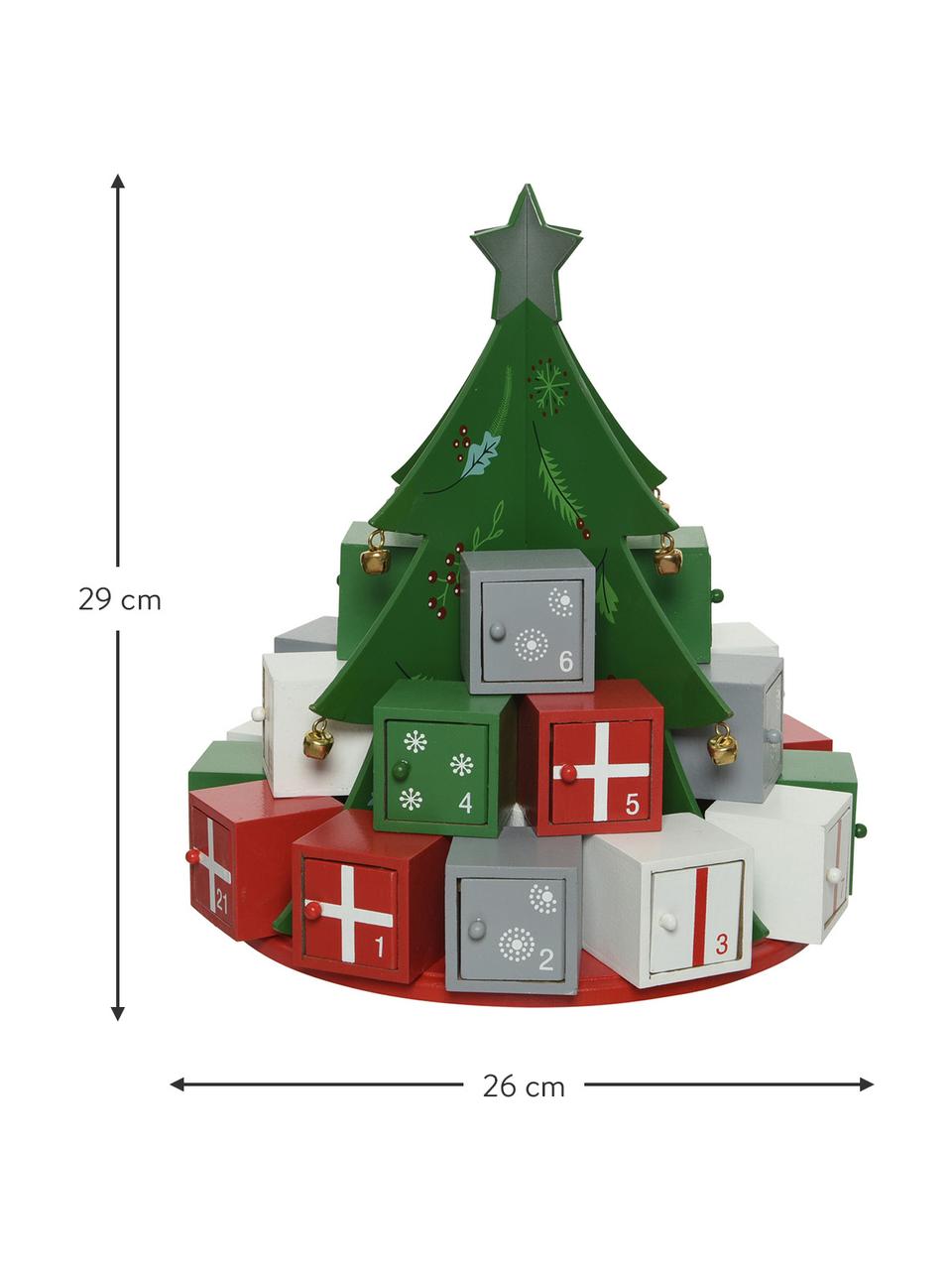 Adventní kalendář Tree, V 29 cm, Dřevovláknitá deska střední hustoty, potažená, Zelená, červená, bílá, šedá, Ø 26 cm, V 29 cm