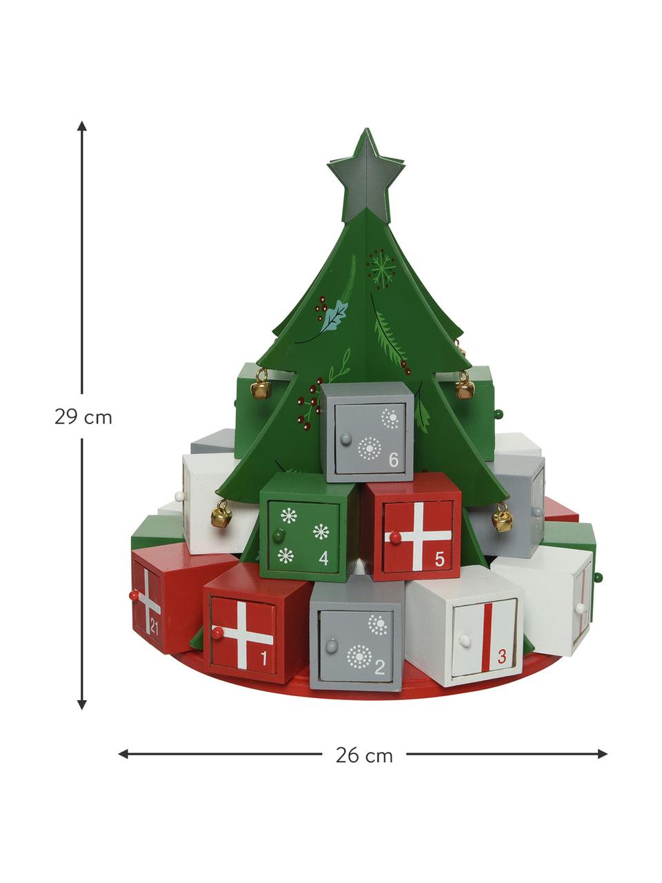 Adventskalender Tree H 29 cm, Gecoat MDF, Groen, rood, wit, grijs, Ø 26 x H 29 cm