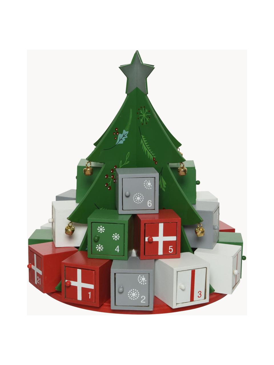 Calendario de adviento Tree, Tablero de fibras de densidad media recubierto, Verde, rojo, blanco, gris, Ø 26 x Al 29 cm