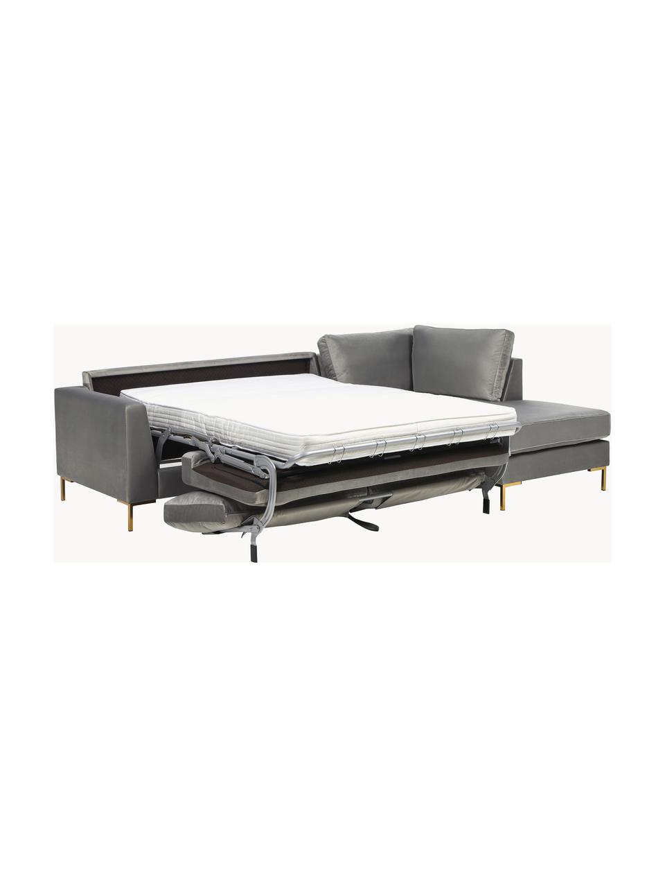 Samt-Schlafsofa Luna (3-Sitzer) mit Matratze, Bezug: Samt (100 % Polyester) De, Gestell: Massives Buchenholz, Schi, Füße: Metall, galvanisiert Dies, Samt Grau, B 270 x T 184 cm, Eckteil rechts