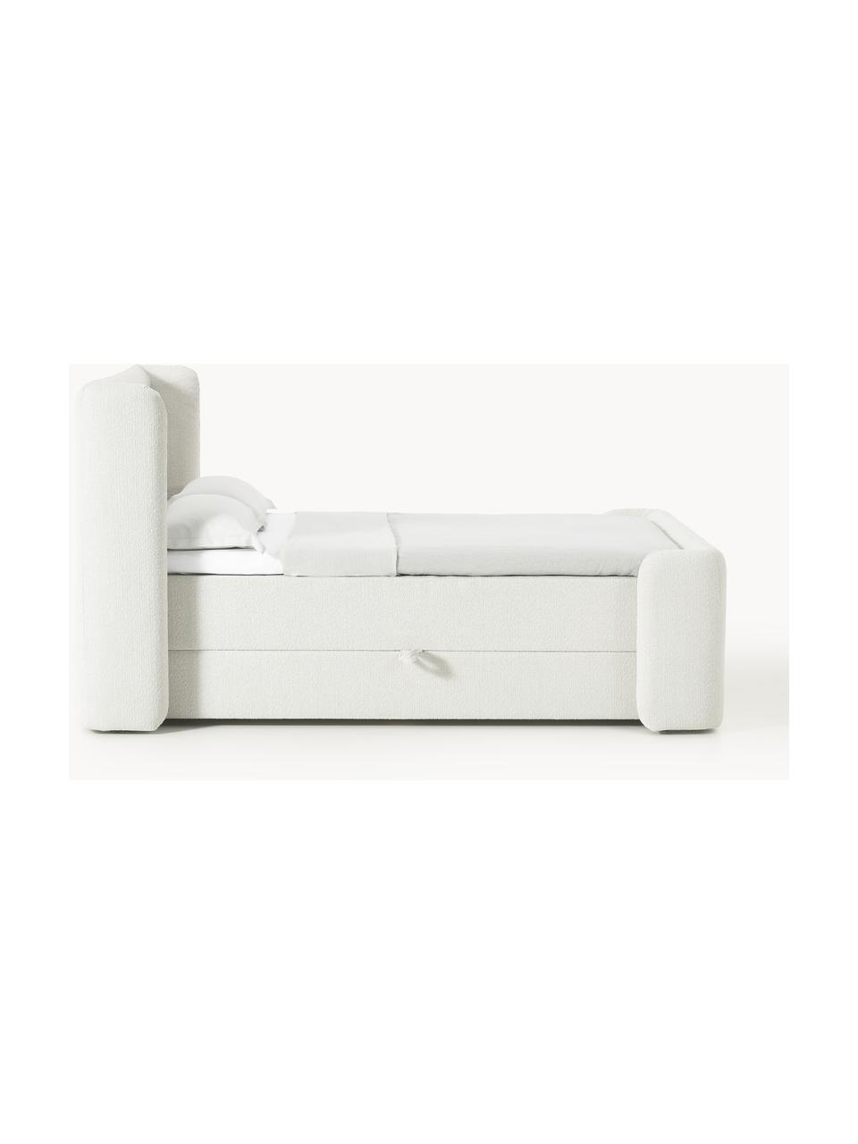 Bouclé-Boxspringbett Perla mit Stauraum, Bezug: Bouclé (71 % Polyacryl, 2, Matratze: 7-Zonen-Taschenfederkernm, Füße: Kunststoff Dieses Produkt, Bouclé Off White, B 140 x L 200, Härtegrad H2