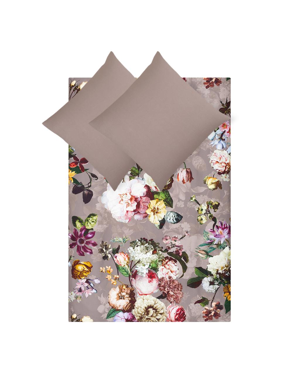 Baumwollsatin-Bettwäsche Fleur mit Blumen-Muster, Webart: Satin Fadendichte 209 TC,, Vorderseite: Taupe, Weiss, Gelb; Rückseite: Taupe, 135 x 200 cm + 1 Kissen 80 x 80 cm