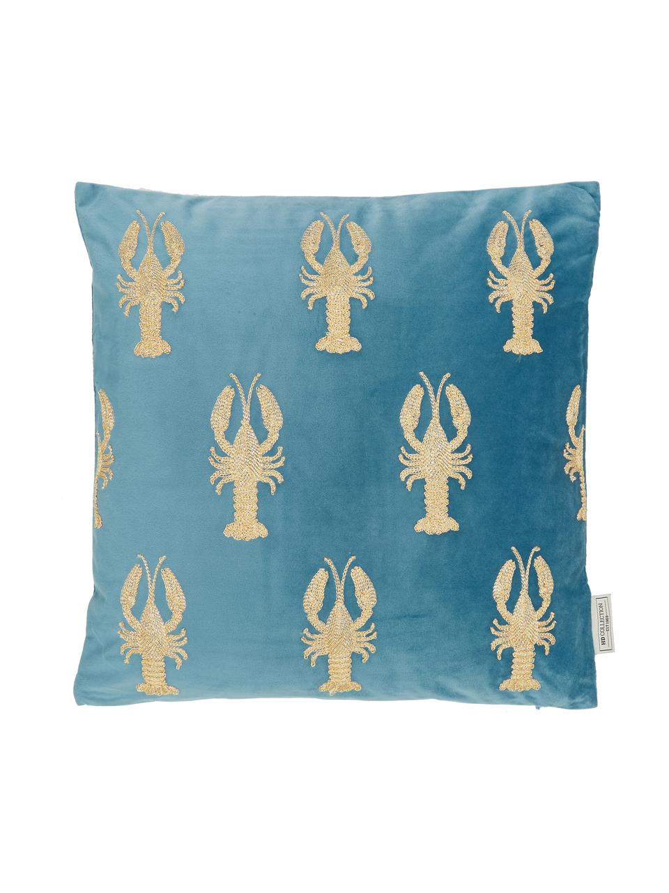 Coussin en velours brodé Lobster, 100 % velours

Veuillez considérer que la couleur du velours paraît plus claire ou plus foncée en fonction de la source lumineuse et de l'orientation des fibres, Bleu, couleur dorée, larg. 45 x long. 45 cm