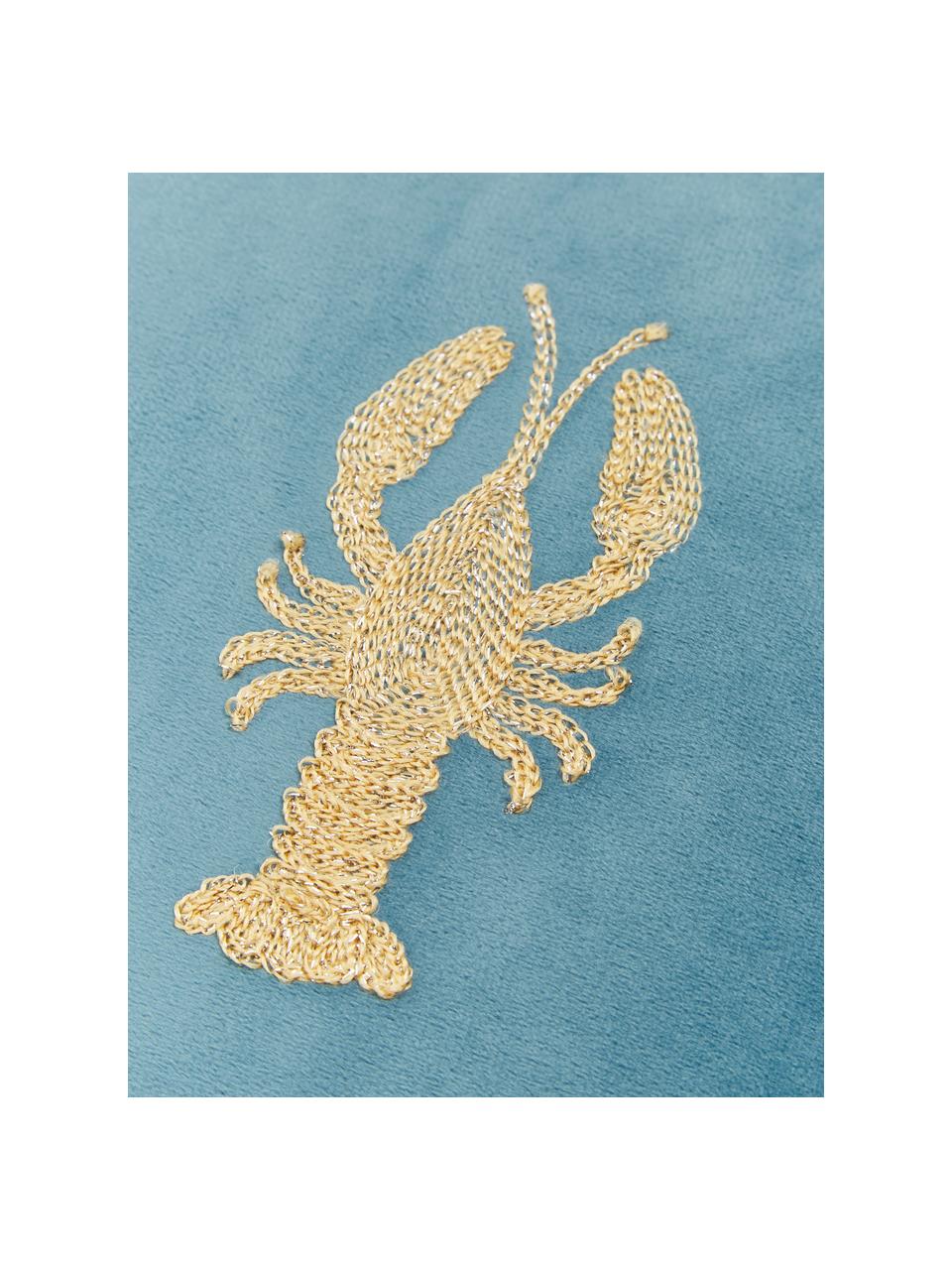 Geborduurd fluwelen kussen Lobster, met vulling, 100% fluweel, Blauw, goudkleurig, B 45 x L 45 cm