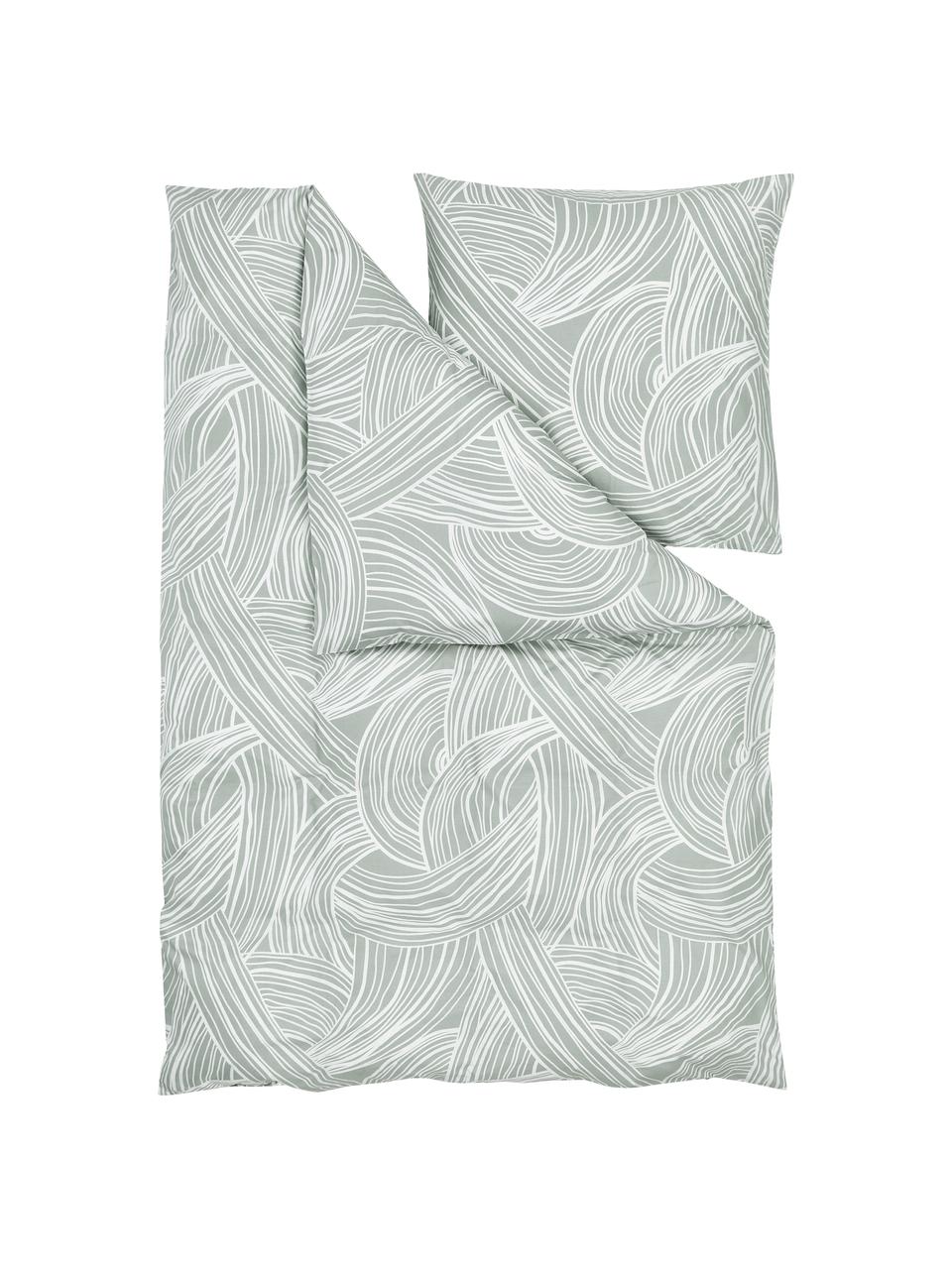Pościel z bawełny Korey, Zielony, kremowobiały, 135 x 200 cm + 1 poduszka 80 x 80 cm