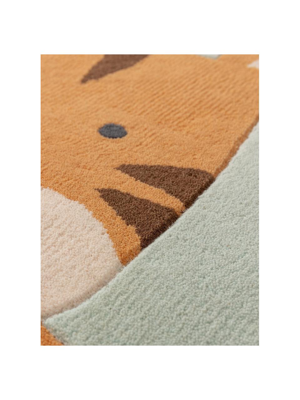 Handgetufteter Kinderteppich Savannah aus Wolle, Salbeigrün, Orange, Mehrfarbig, Ø 120 cm (Größe S)