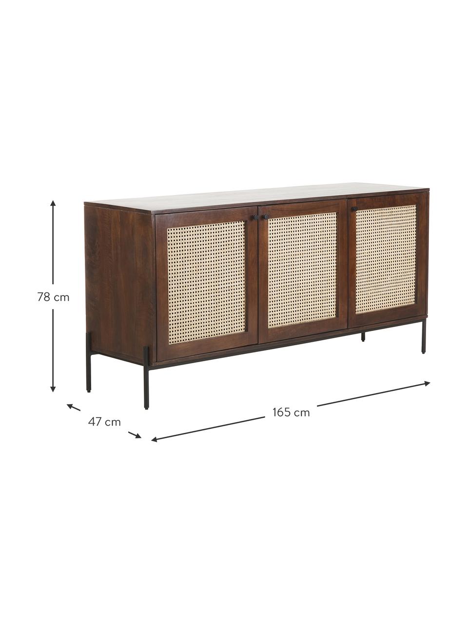 Aparador con tejido vienés Vienna, Estructura: madera de mango maciza, Patas: metal con pintura en polv, Madera de mango, An 165 x Al 78 cm