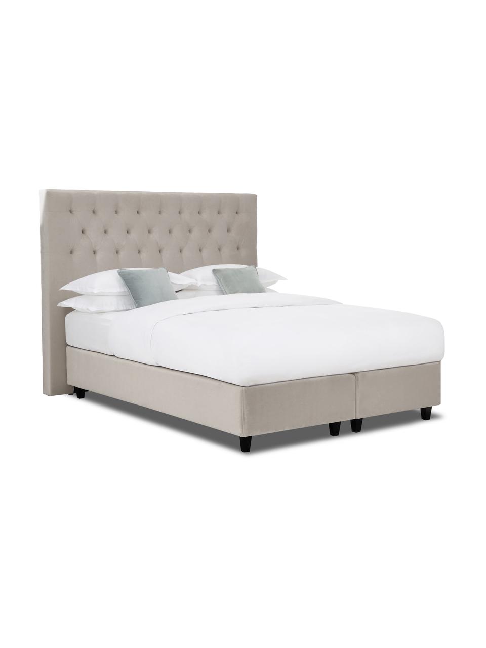 Premium Samt-Boxspringbett Phoebe in Taupe, Matratze: 5-Zonen-Taschenfederkern, Füße: Massives Birkenholz, lack, Samt Taupe, 200 x 200 cm, Härtegrad 3