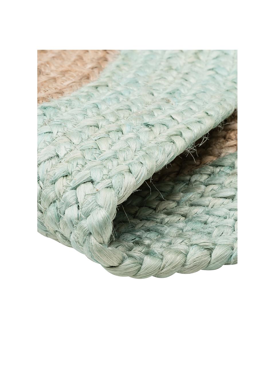 Rond jute vloerkleed. Shanta met muntgroene rand, handgemaakt, 100% jute

Omdat het gevoel van jute vloerkleden een beetje ruw is, zijn ze minder geschikt voor direct contact met de huid., Beige, mintgroen, Ø 140 cm (maat M)