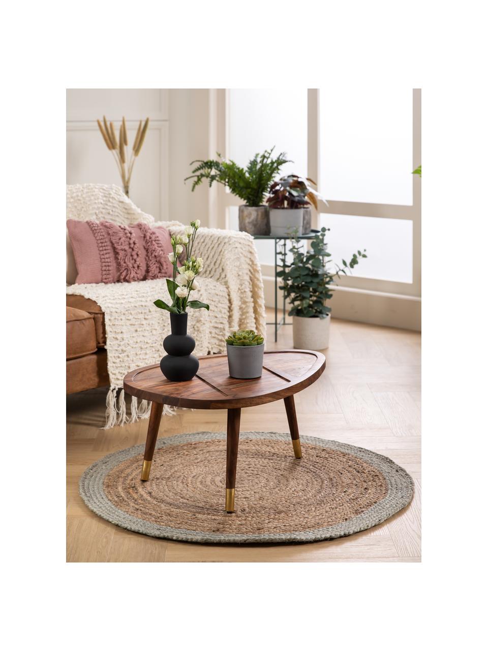 Rond jute vloerkleed. Shanta met muntgroene rand, handgemaakt, 100% jute

Omdat het gevoel van jute vloerkleden een beetje ruw is, zijn ze minder geschikt voor direct contact met de huid., Beige, mintgroen, Ø 140 cm (maat M)