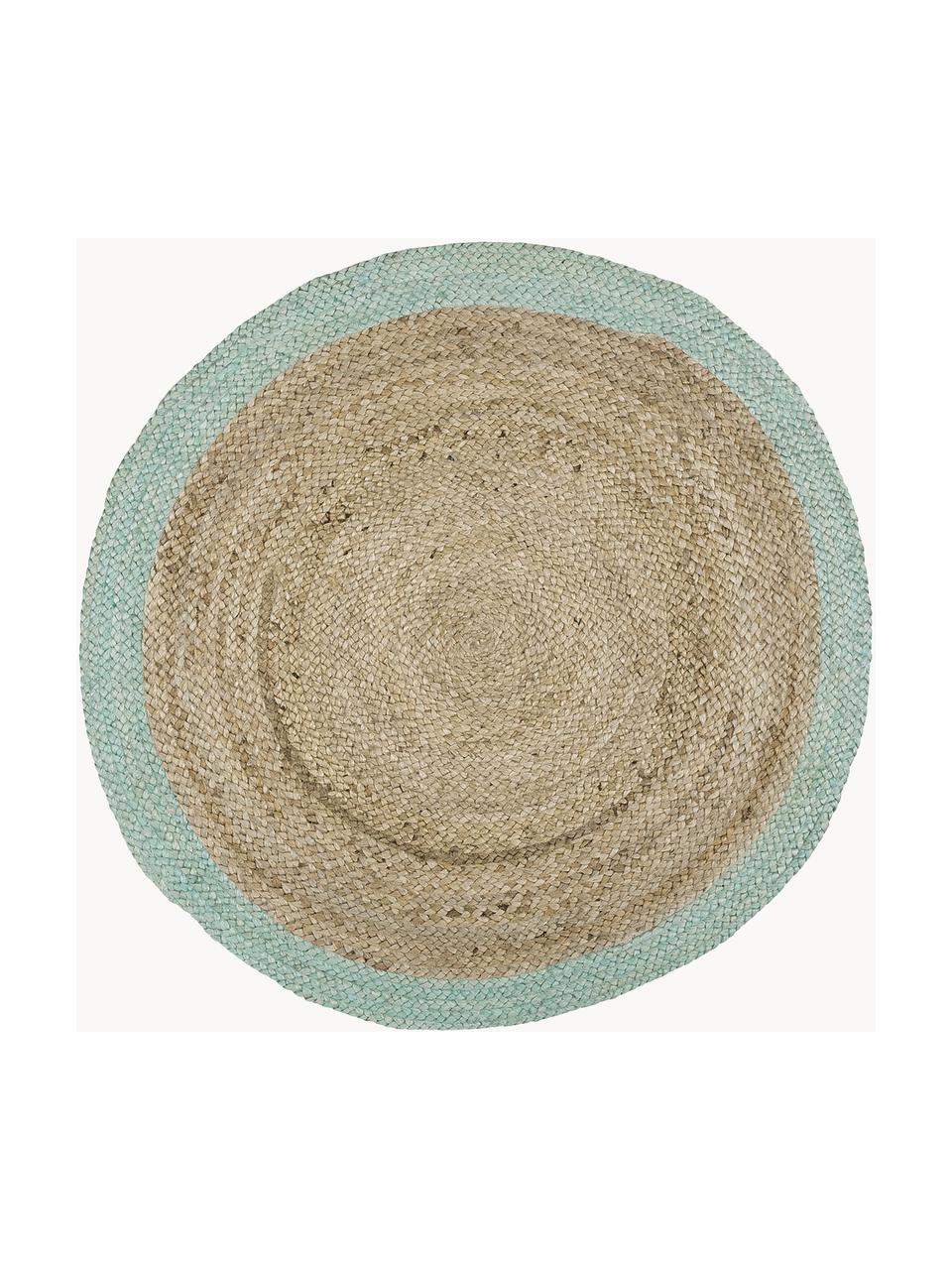 Runder Jute-Teppich Shanta mit mintgrünem Rand, handgefertigt, 100 % Jute
 
 Da die Haptik von Jute-Teppichen rau ist, sind sie für den direkten Hautkontakt weniger geeignet., Braun, Mintgrün, Ø 100 cm (Größe XS)