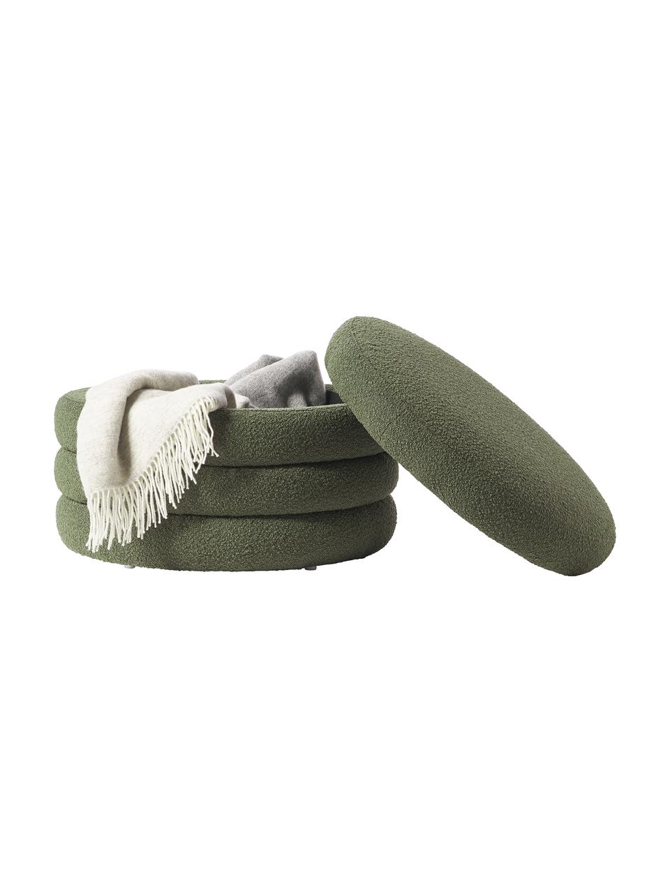 Puf grande en tejido bouclé Alto, con espacio de almacenamiento, Tapizado: tejido bouclé (100% polié, Estructura: madera de pino maciza, ma, Bouclé verde, Ø 69 x Al 44 cm