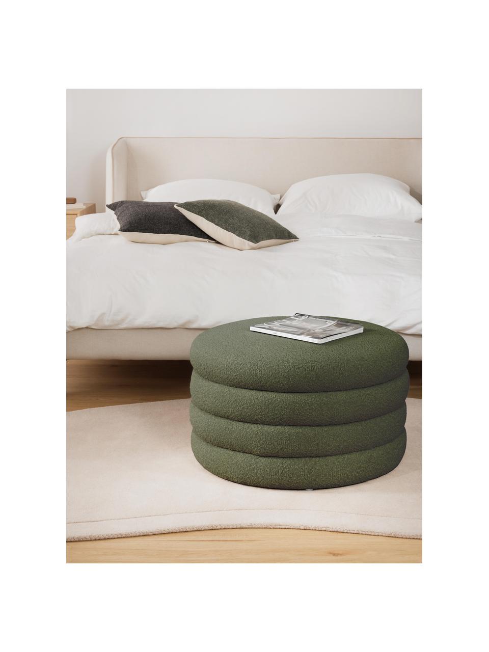 Pouf XL contenitore in bouclé Alto, Rivestimento: bouclé (100% poliestere) , Struttura: legno di pino massiccio, , Bouclé verde scuro, Ø 69 x Alt. 44 cm