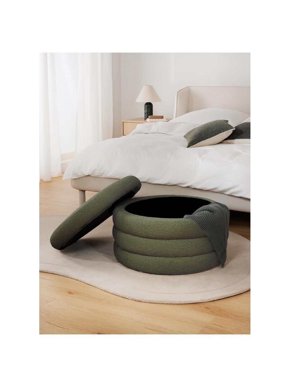 Pouf XL contenitore in bouclé Alto, Rivestimento: bouclé (100% poliestere) , Struttura: legno di pino, compensato, Bouclé verde scuro, Ø 69 x Alt. 44 cm