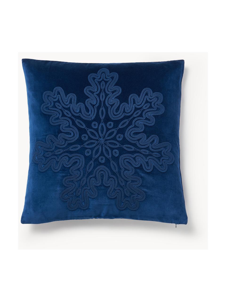 Housse de coussin en velours avec motif hivernal Celeste, Bleu foncé, larg. 60 x long. 60 cm