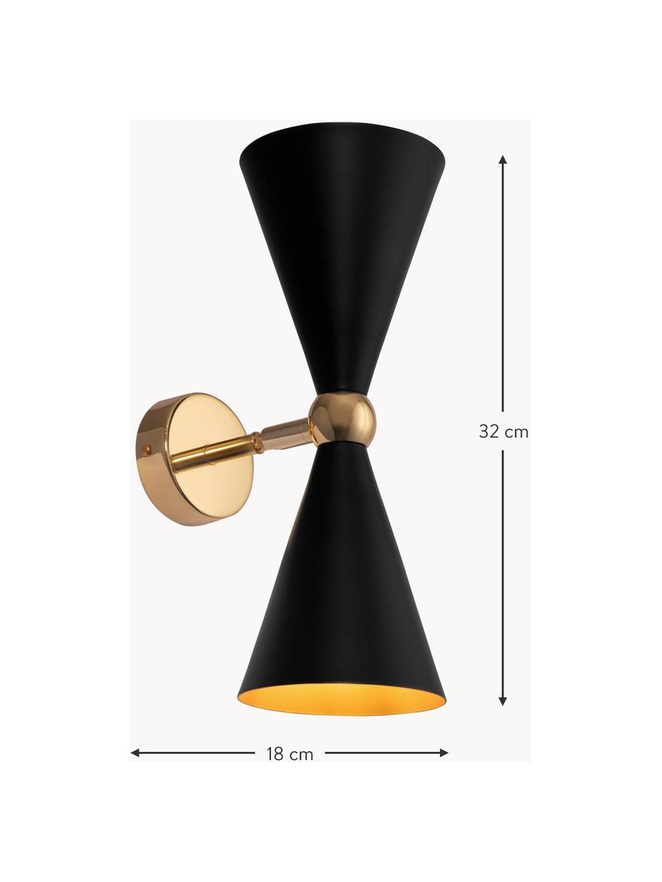 Retro wandlamp Vesper, Frame: gecoat metaal, Zwart, goudkleurig, D 18 x H 32 cm