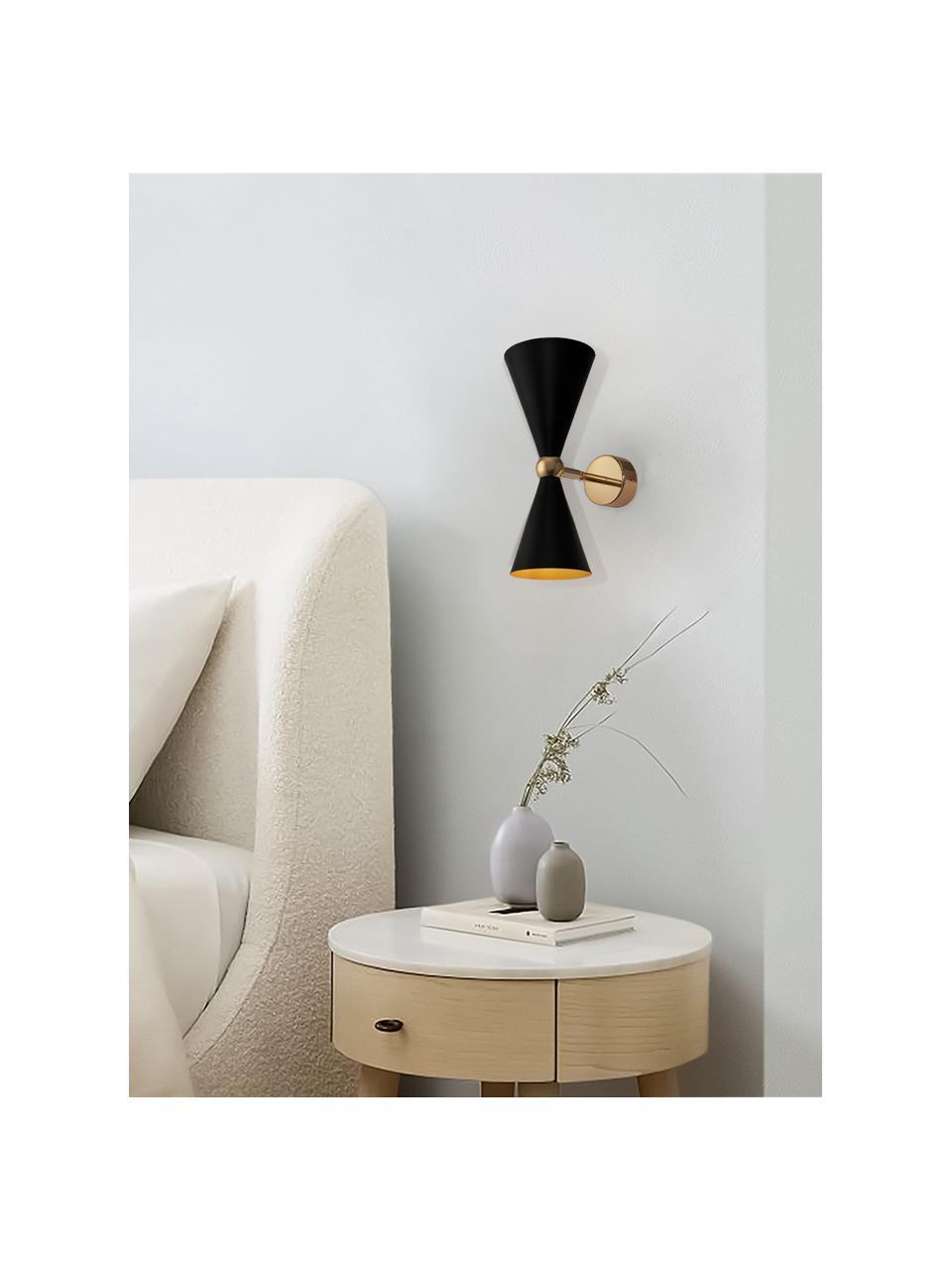 Retro wandlamp Vesper, Frame: gecoat metaal, Zwart, goudkleurig, D 18 x H 32 cm