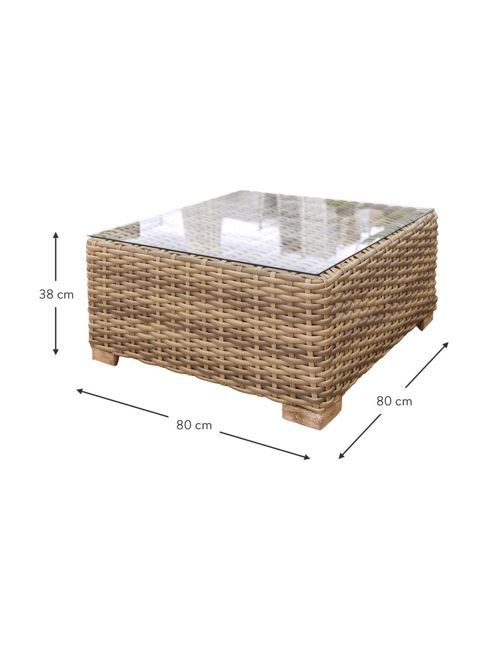 Garten-Couchtisch Saba aus Polyratten, Korpus: Polyrattan, UV-beständig, Gestell: Aluminium, Beine: Akazienholz, massiv, Tischplatte: Glas, Braun, 80 x 38 cm