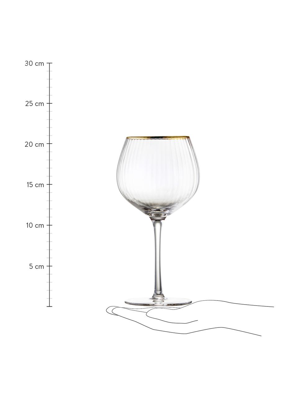 Bicchiere da vino rigato in vetro soffiato a forma sferica Palermo 4 pz, Vetro, Trasparente con bordo dorato, Ø 6 x Alt. 21 cm, 650 ml