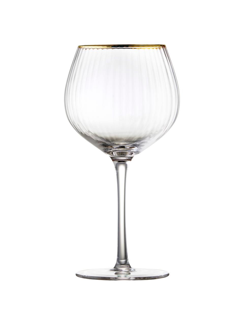 Kieliszek do wina z ryflowaną powierzchnią Palermo, 4 szt., Szkło, Transparentny ze złotą krawędzią, Ø 6 x W 21 cm, 650 ml