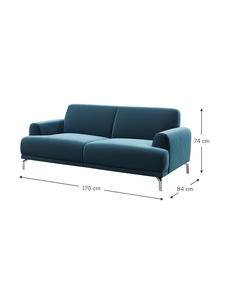 Divano 2 posti in velluto blu scuro Puzo, Rivestimento: 100% velluto di poliester, Sottostruttura: compensato, legno di fagg, Piedini: metallo verniciato, Blu scuro, Larg. 170 x Alt. 84 cm