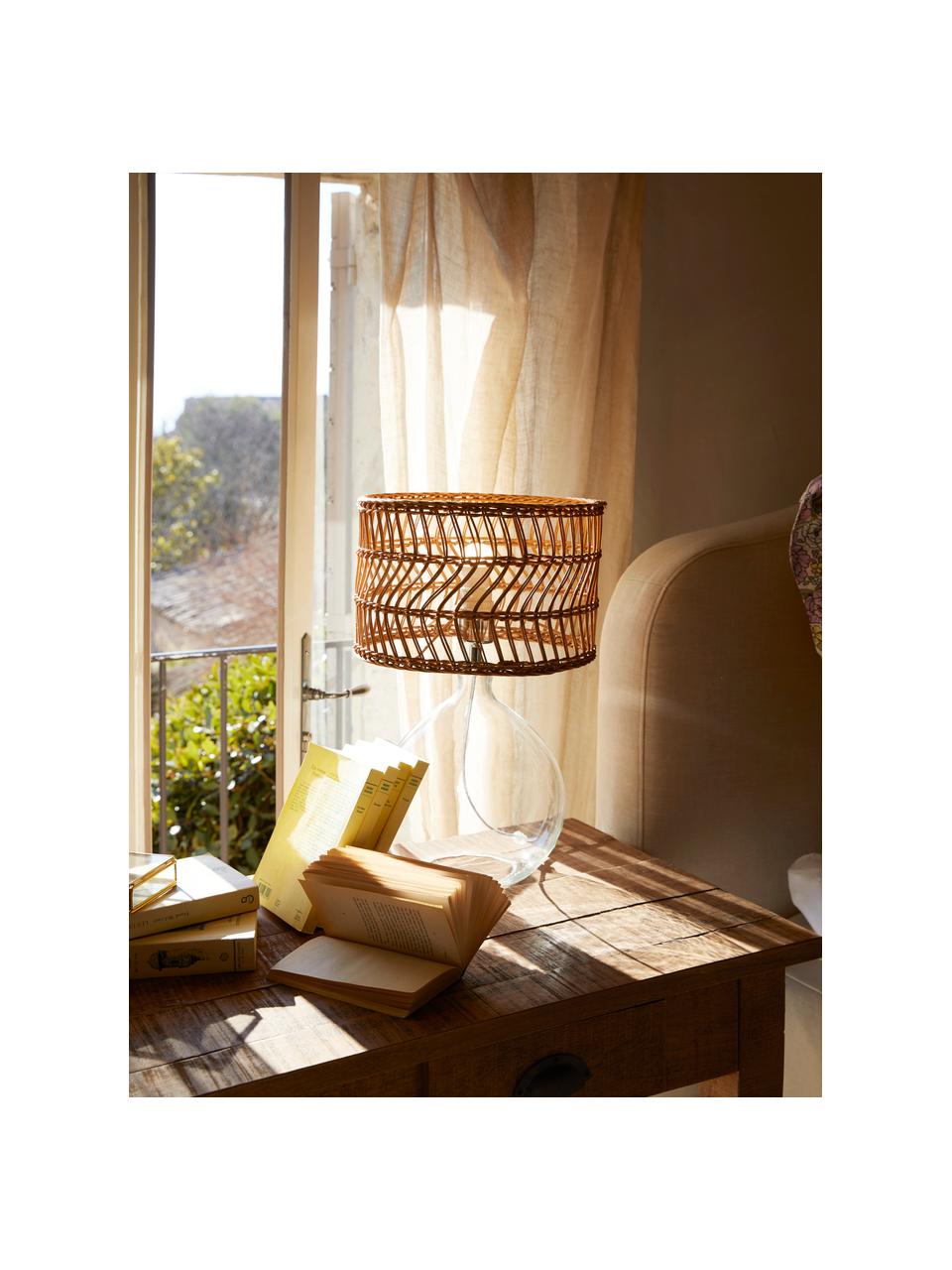 Velká stolní lampa se skleněnou podstavou a ratanovým stínidlem Zoya, Světle hnědá, transparentní, Ø 30 cm, V 51 cm