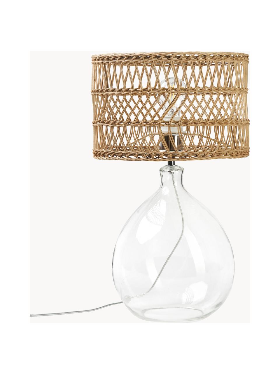 Velká stolní lampa se skleněnou podstavou a ratanovým stínidlem Zoya, Světle hnědá, transparentní, Ø 30 cm, V 51 cm
