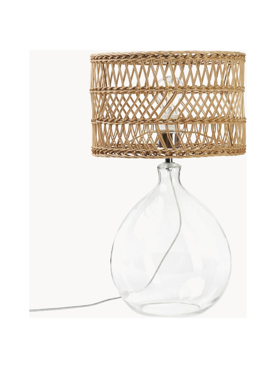 Lámpara de mesa grande de vidrio y ratán Zoya, Pantalla: ratán, Cable: plástico, Beige, transparente, Ø 30 x Al 51 cm