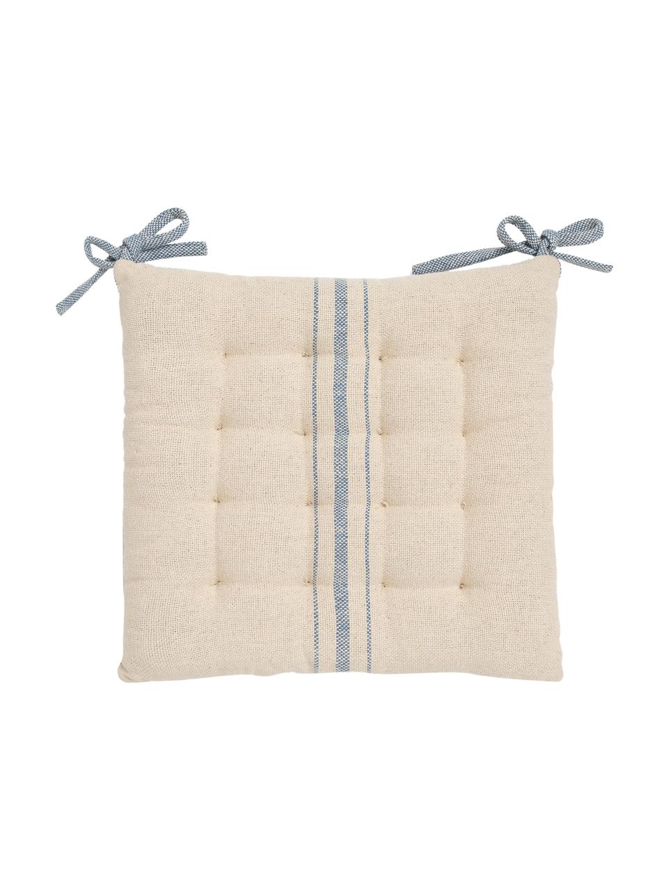 Cuscino sedia a righe con fiocchi blu Capri, 100% cotone, Bianco, blu, Larg. 40 x Alt. 4 cm