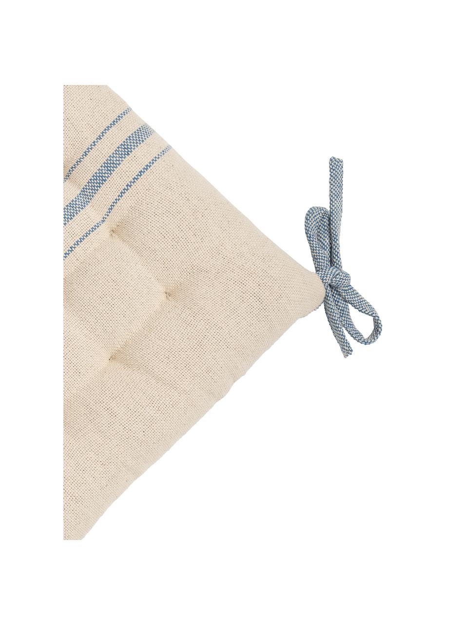 Cuscino sedia a righe con fiocchi blu Capri, 100% cotone, Bianco, blu, Larg. 40 x Alt. 4 cm