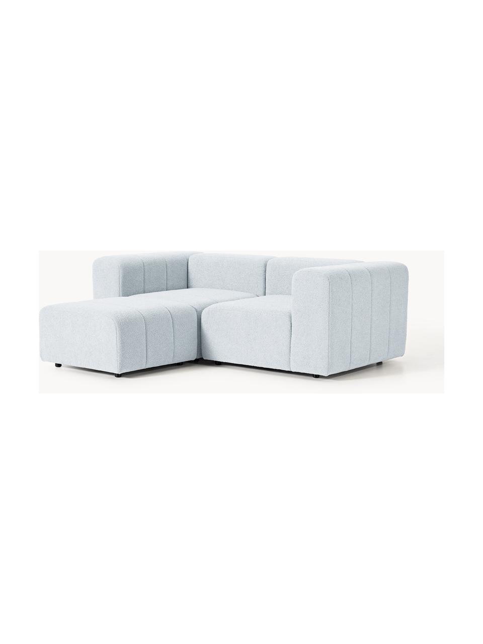 Modulares Bouclé-Sofa Lena (3-Sitzer) mit Hocker, Bezug: Bouclé (93 % Polyester, 6, Gestell: Buchenholz, Spanplatte, H, Füße: Kunststoff, Bouclé Hellblau, B 211 x T 181 cm