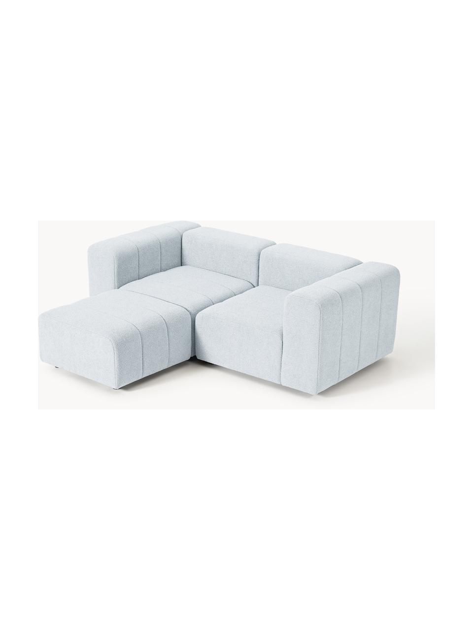 Modulares Bouclé-Sofa Lena (3-Sitzer) mit Hocker, Bezug: Bouclé (93 % Polyester, 6, Gestell: Buchenholz, Spanplatte, H, Bouclé Hellblau, B 211 x T 181 cm