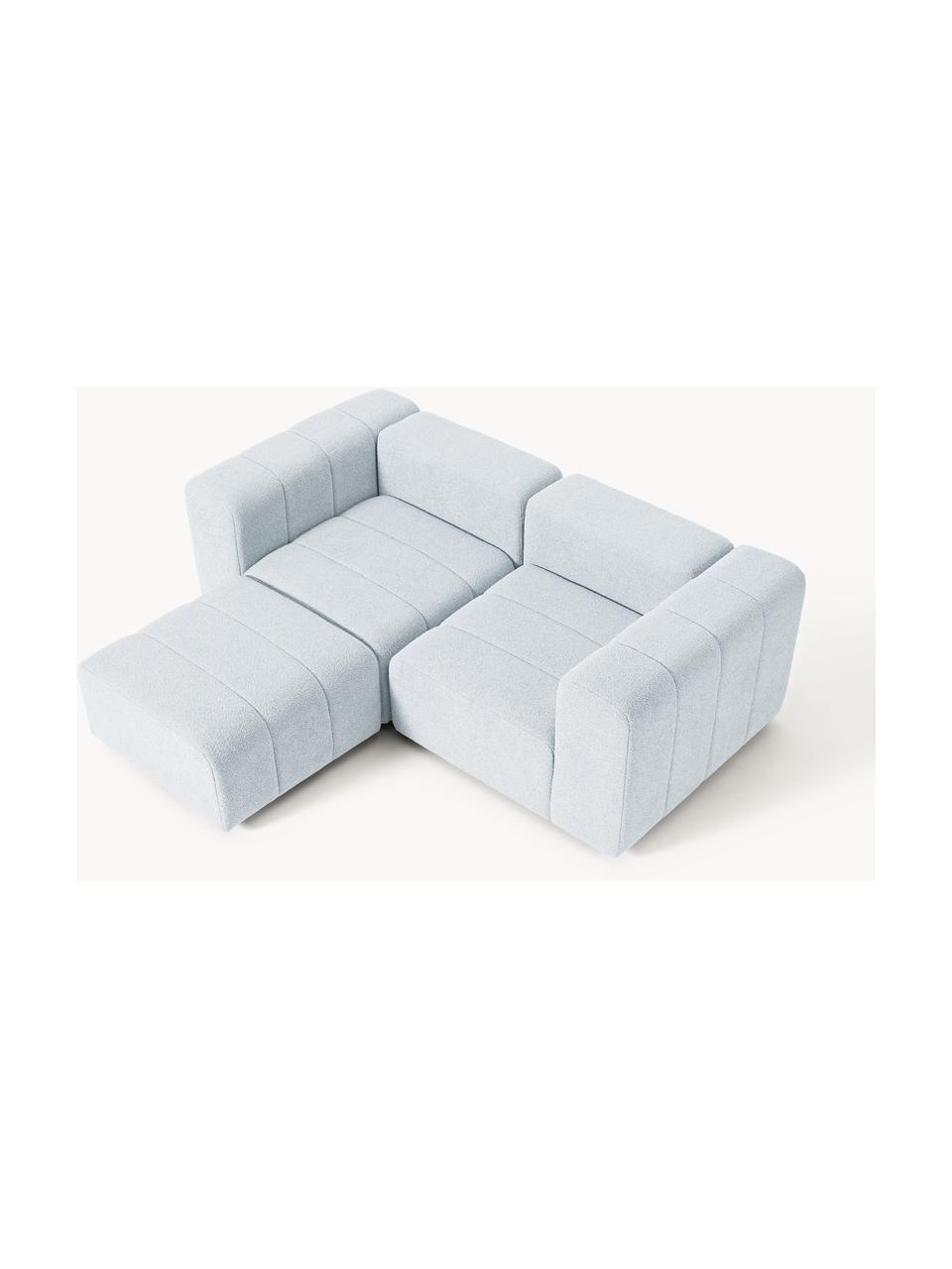 Modulares Bouclé-Sofa Lena (3-Sitzer) mit Hocker, Bezug: Bouclé (93 % Polyester, 6, Gestell: Buchenholz, Spanplatte, H, Bouclé Hellblau, B 211 x T 181 cm