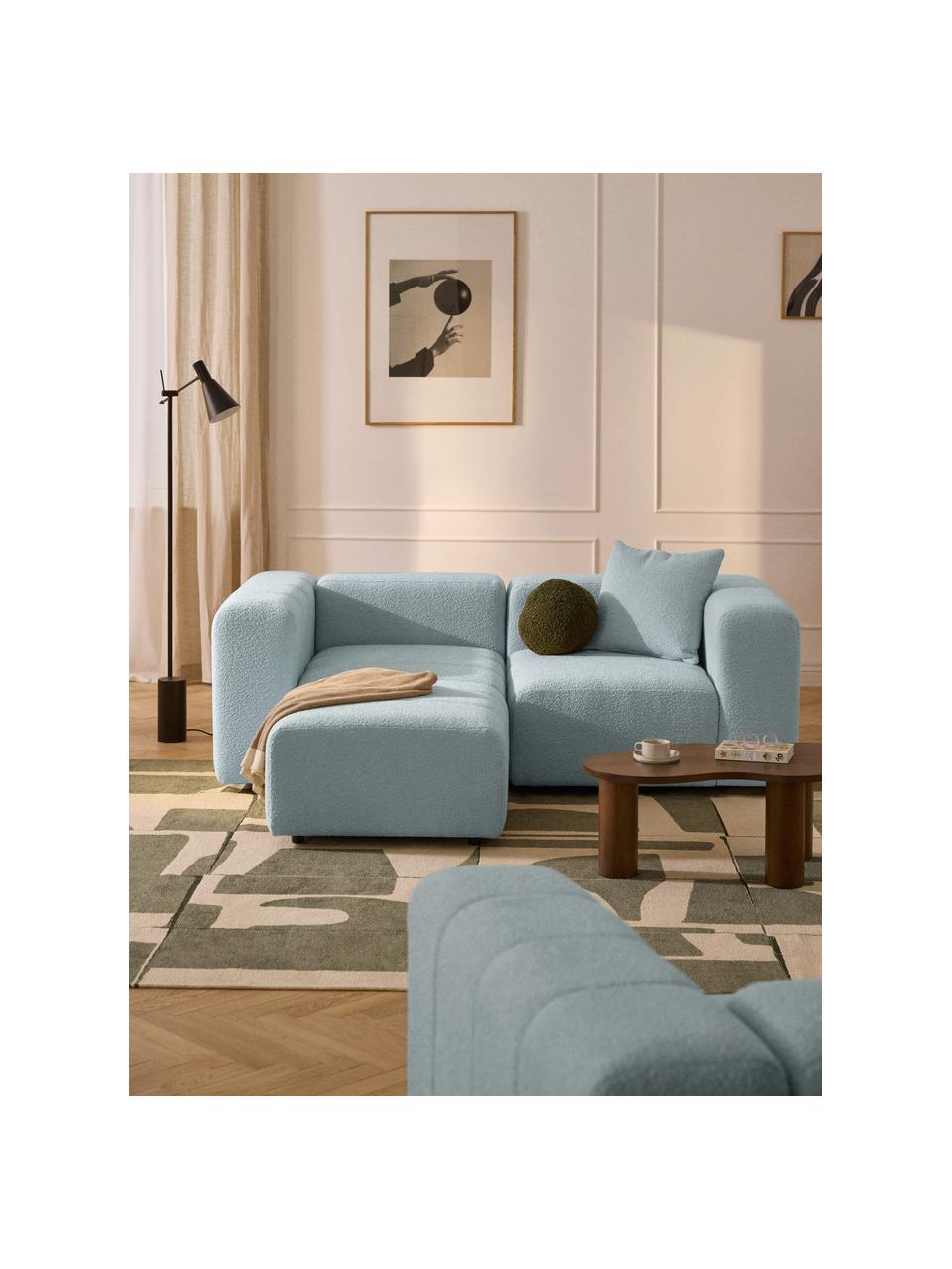 Modulares Bouclé-Sofa Lena (3-Sitzer) mit Hocker, Bezug: Bouclé (93 % Polyester, 6, Gestell: Buchenholz, Spanplatte, H, Füße: Kunststoff, Bouclé Hellblau, B 211 x T 181 cm