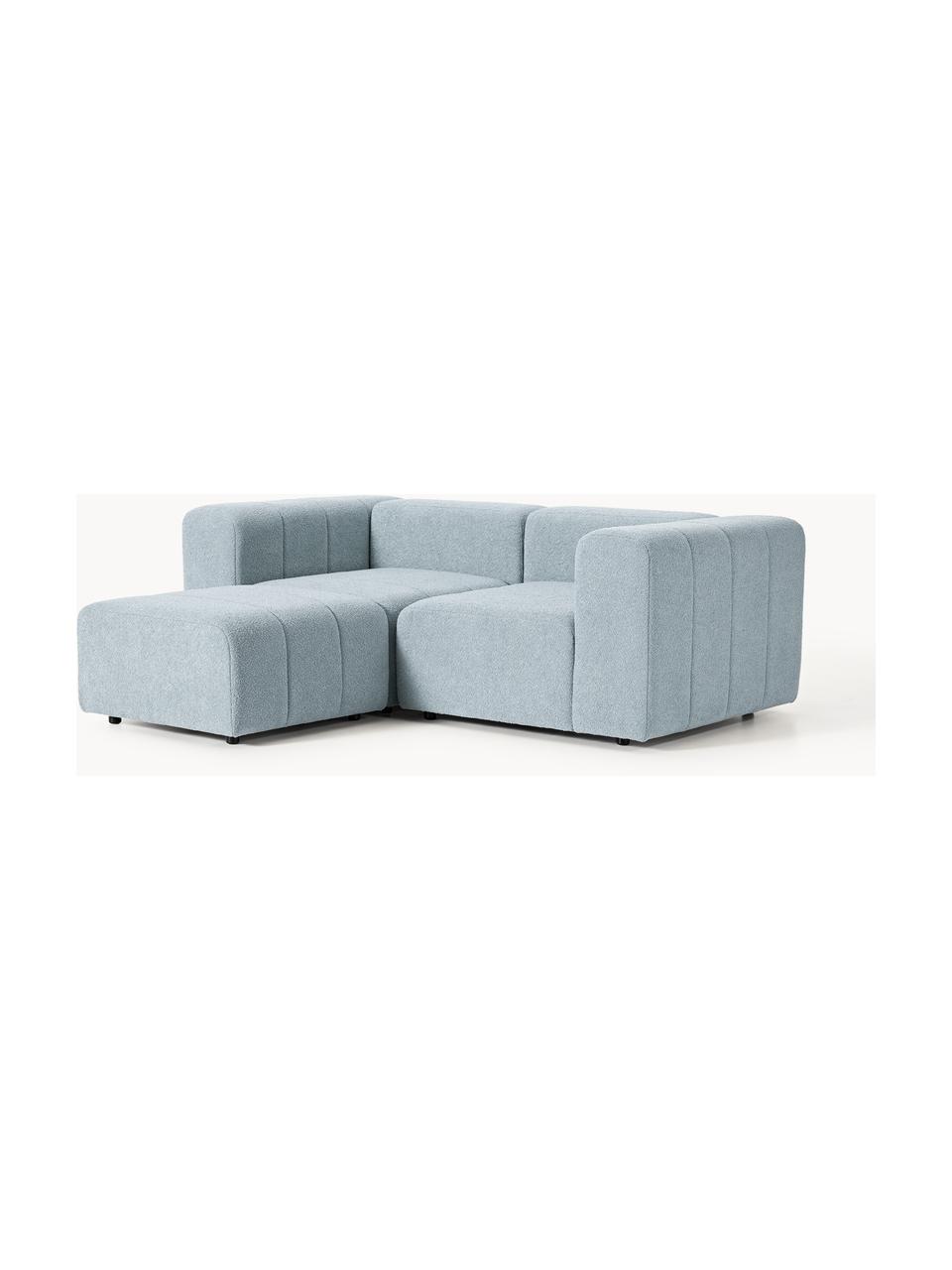 Modulares Bouclé-Sofa Lena (3-Sitzer) mit Hocker (links/rechts), Bezug: Bouclé (93 % Polyester, 6, Gestell: Buchenholz, Spanplatte, H, Füße: Kunststoff, Bouclé Hellblau, B 211 x T 181 cm