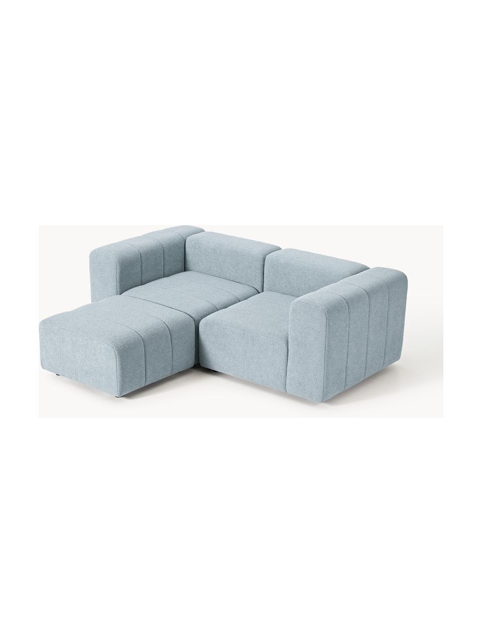 Modulares Bouclé-Sofa Lena (3-Sitzer) mit Hocker (links/rechts), Bezug: Bouclé (93 % Polyester, 6, Gestell: Buchenholz, Spanplatte, H, Füße: Kunststoff, Bouclé Hellblau, B 211 x T 181 cm