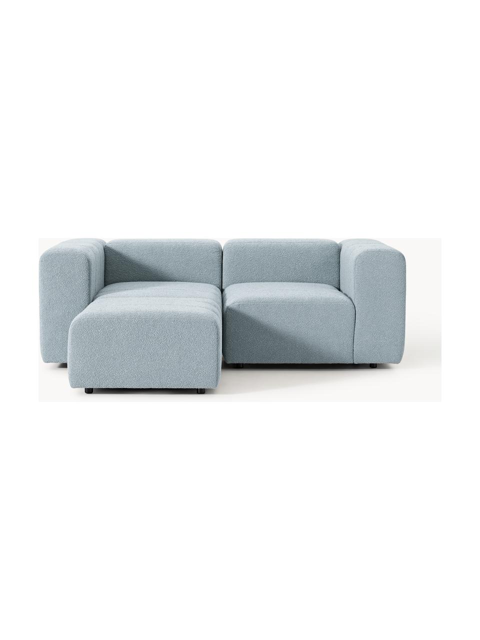 Modulares Bouclé-Sofa Lena (3-Sitzer) mit Hocker (links/rechts), Bezug: Bouclé (93 % Polyester, 6, Gestell: Buchenholz, Spanplatte, H, Füße: Kunststoff, Bouclé Hellblau, B 211 x T 181 cm