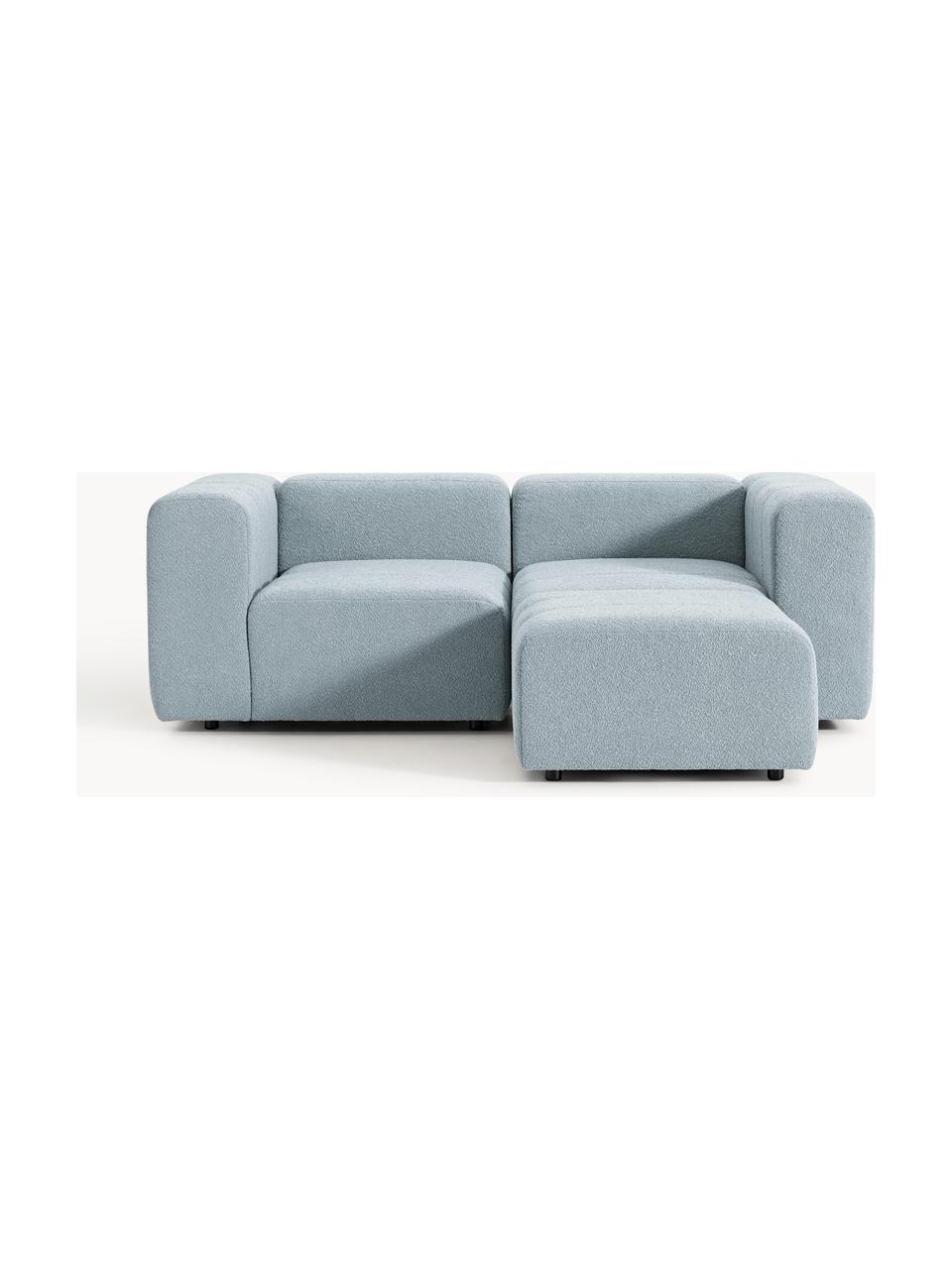 Modulares Bouclé-Sofa Lena (3-Sitzer) mit Hocker (links/rechts), Bezug: Bouclé (93 % Polyester, 6, Gestell: Buchenholz, Spanplatte, H, Füße: Kunststoff, Bouclé Hellblau, B 211 x T 181 cm