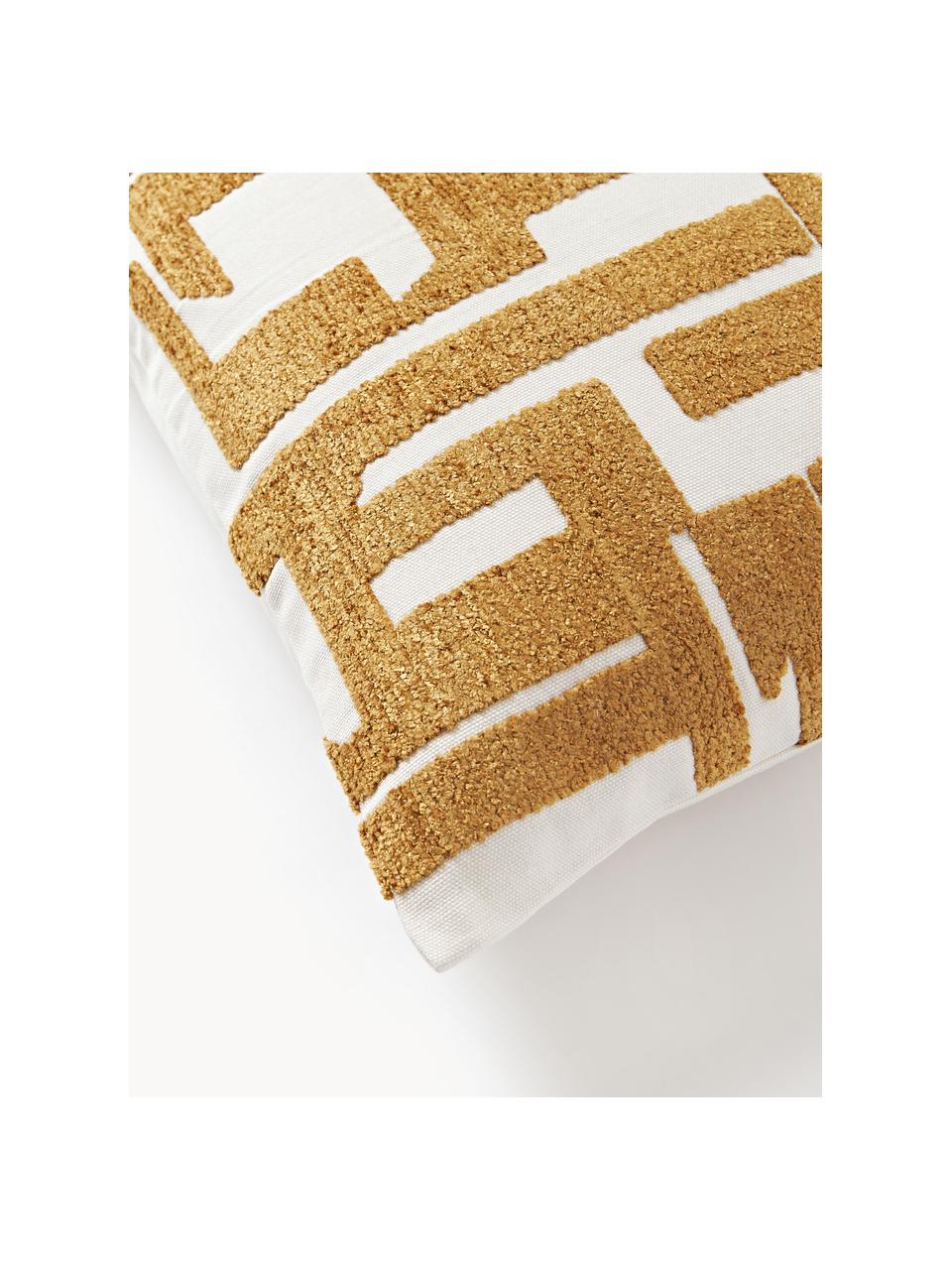 Kissenhülle Fran mit Chenille-Stickerei, 100 % Baumwolle, Senfgelb, Off White, B 45 x L 45 cm