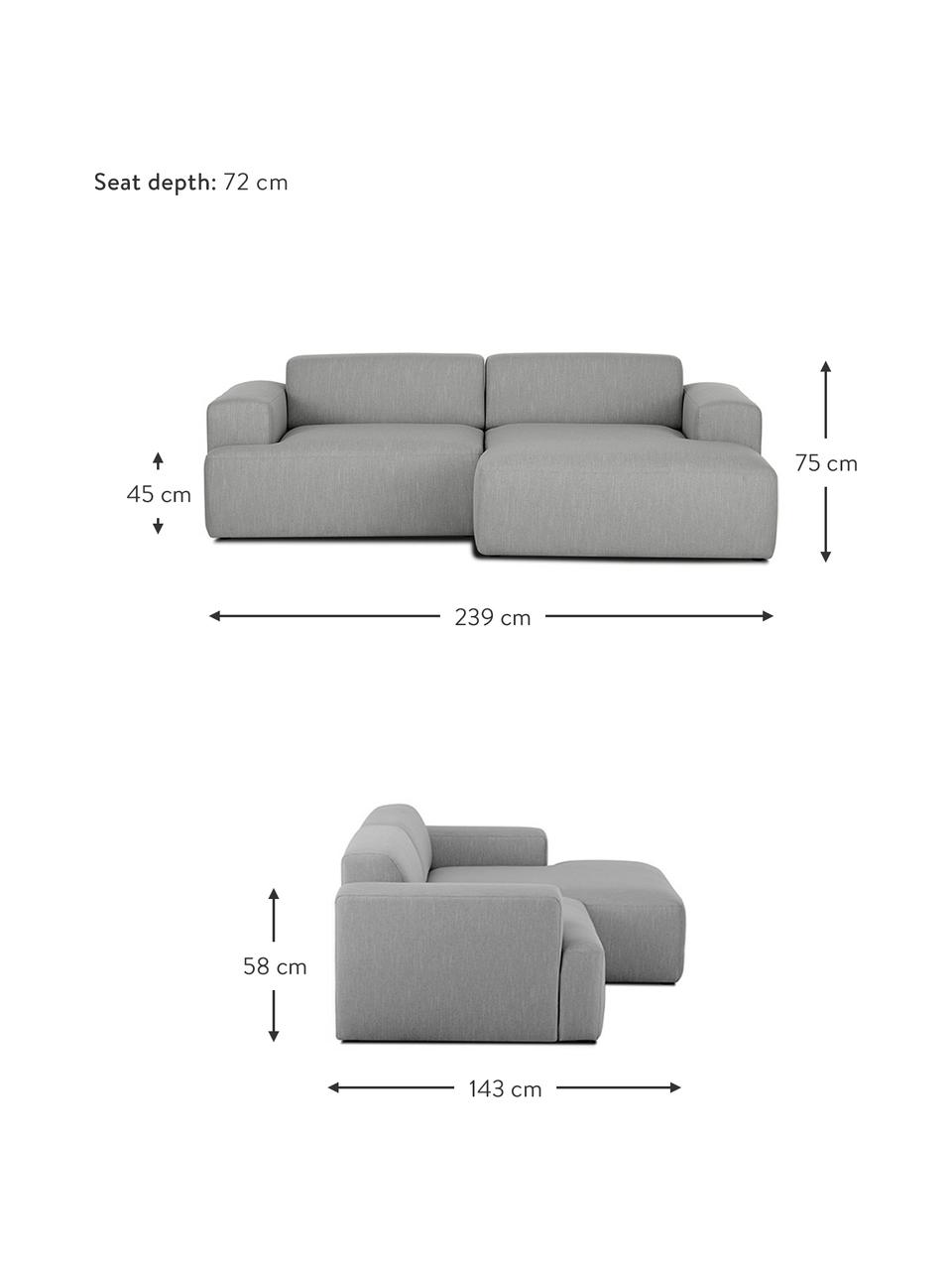 Canapé d'angle 3 places Melva, Tissu gris, larg. 239 x prof. 143 cm, méridienne à droite