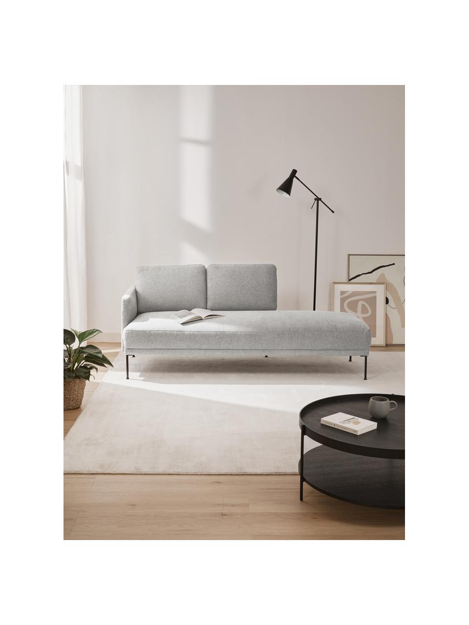 Chaise longue con piedini in metallo Fluente, Rivestimento: 80% poliestere, 20% ramiè, Struttura: legno di pino massiccio, Piedini: metallo verniciato a polv, Tessuto grigio chiaro, Larg. 202 x Prof. 85 cm, schienale a sinistra