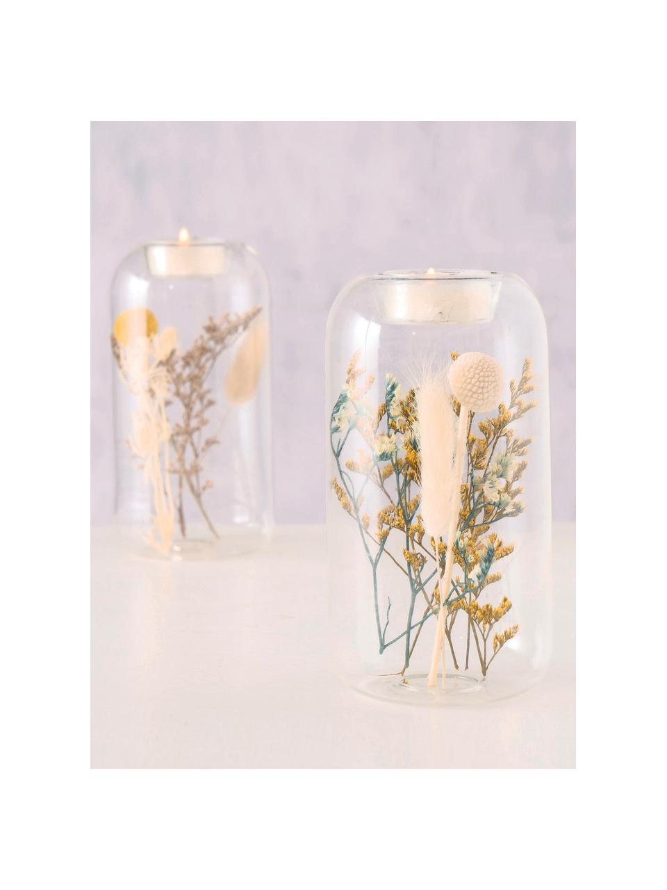 Komplet świeczników na tealighty Eleonora, 2 elem., Szkło, suszone kwiaty, Transparentny, wielobarwny, Ø 8 x W 16 cm