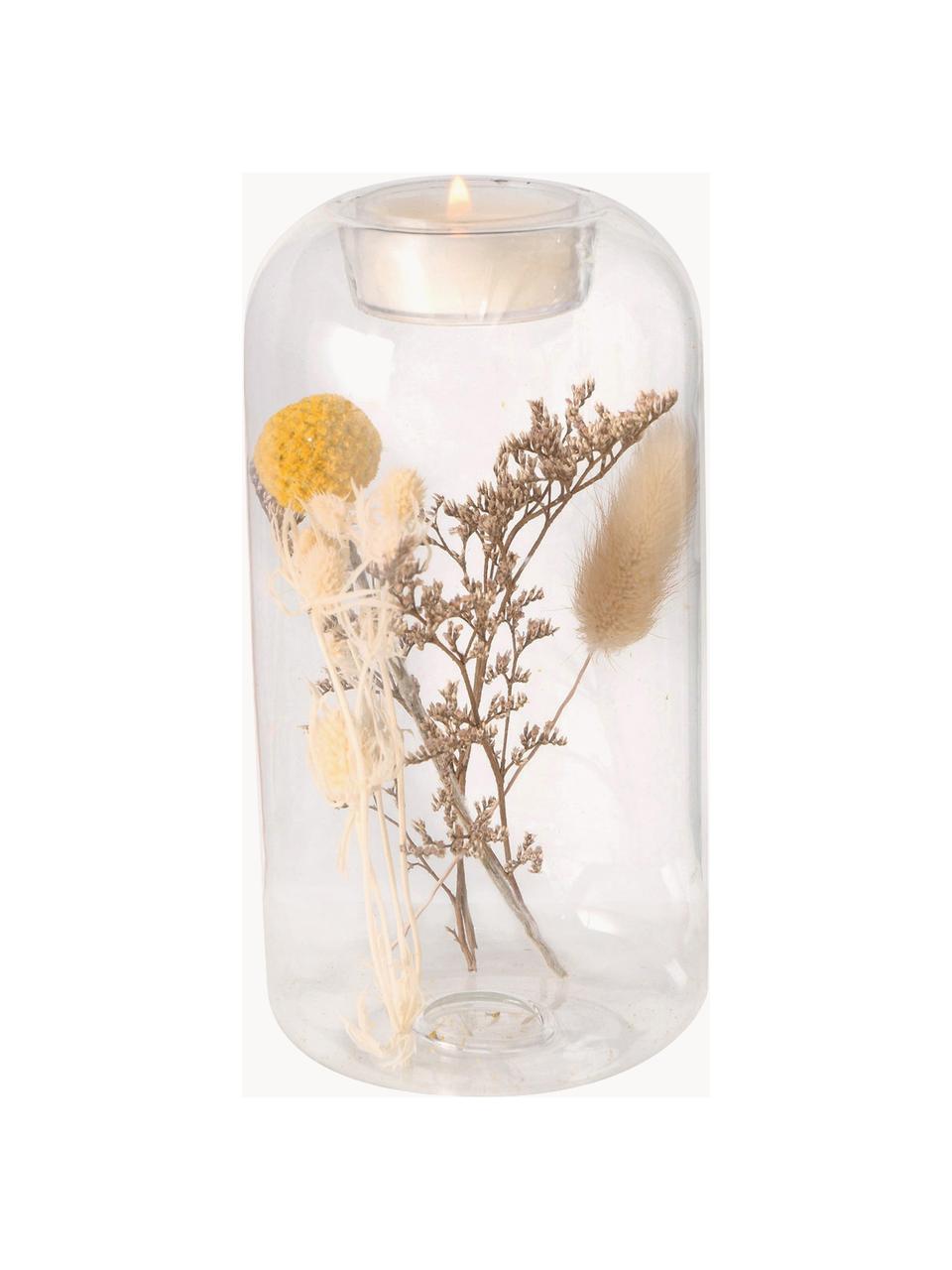 Teelichthalter Eleonora mit Trockenblumen, 2er-Set, Glas, Trockenblumen, Transparent, Mehrfarbig, Ø 8 x H 16 cm