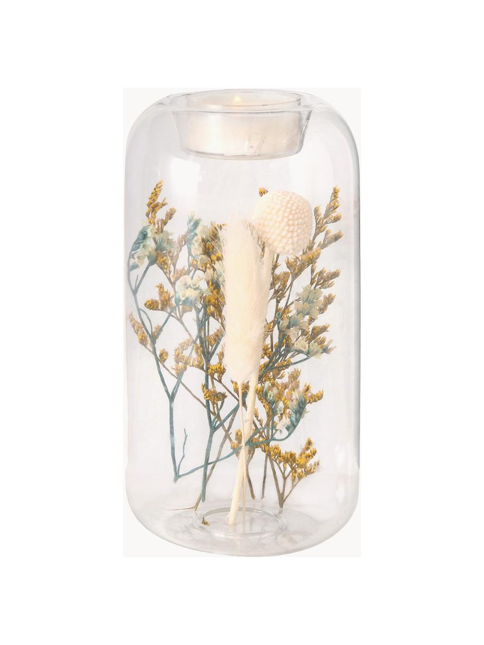 Teelichthalter Eleonora mit Trockenblumen, 2er-Set, Glas, Trockenblumen, Transparent, Mehrfarbig, Ø 8 x H 16 cm