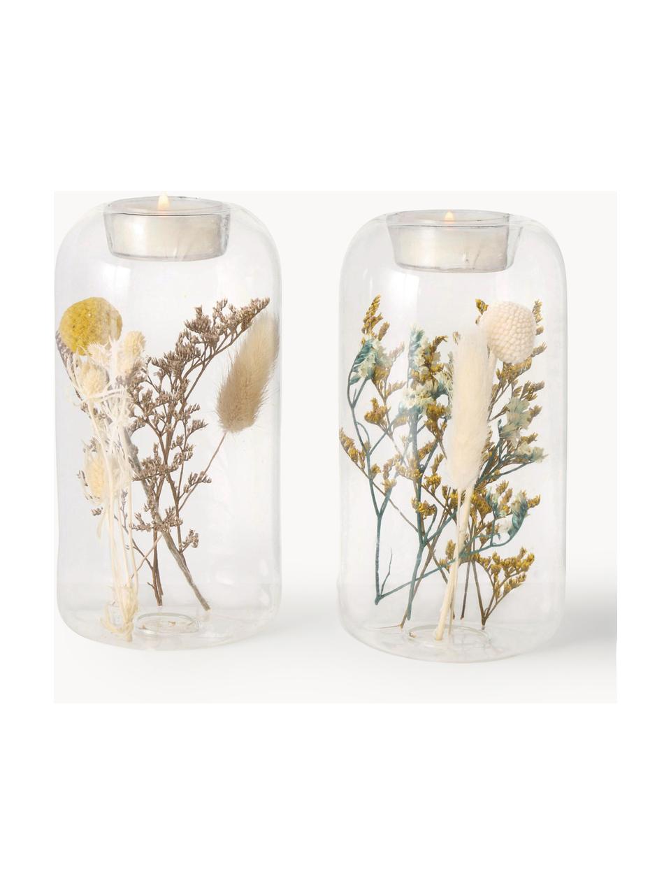 Teelichthalter Eleonora mit Trockenblumen, 2er-Set, Glas, Trockenblumen, Transparent, Mehrfarbig, Ø 8 x H 16 cm